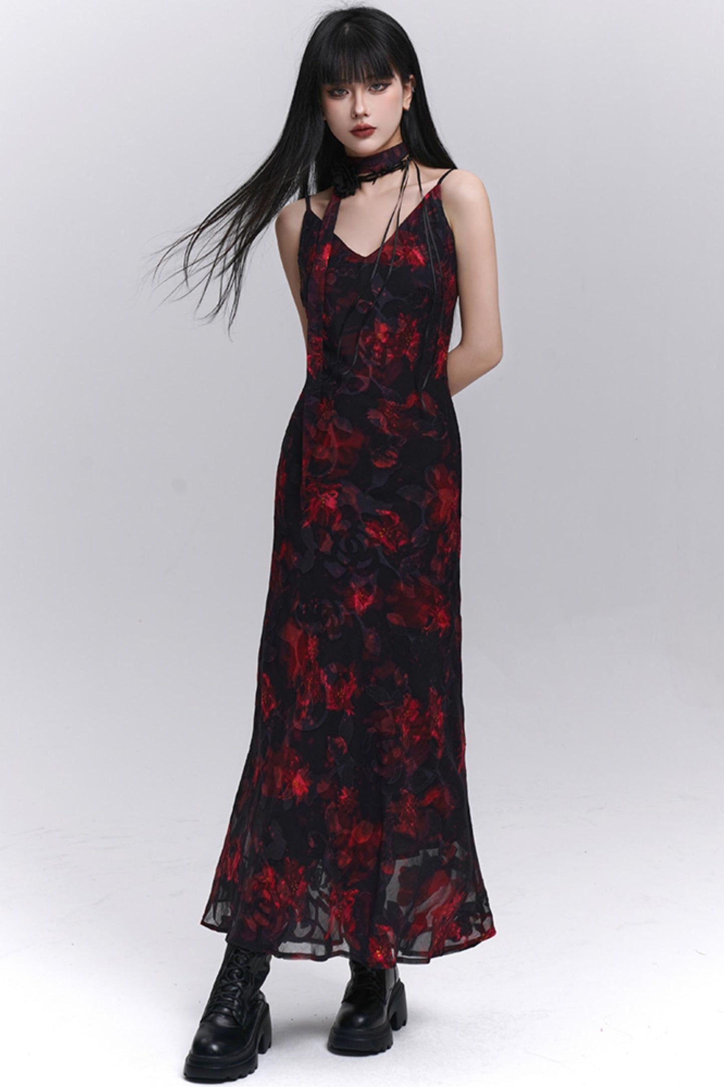 Summer Black Floral Halter Dress