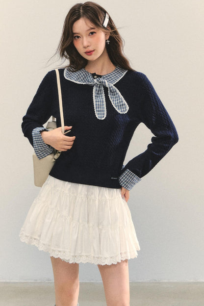 Contrast Plaid Panel Knit Sweater