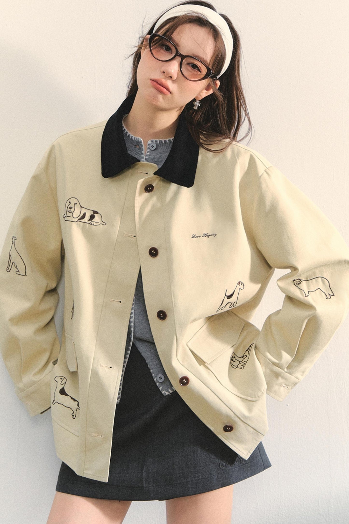 Vintage Puppy Embroidered Trench Coat