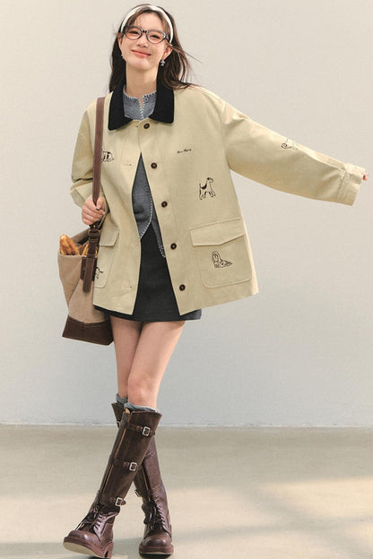 Vintage Puppy Embroidered Trench Coat