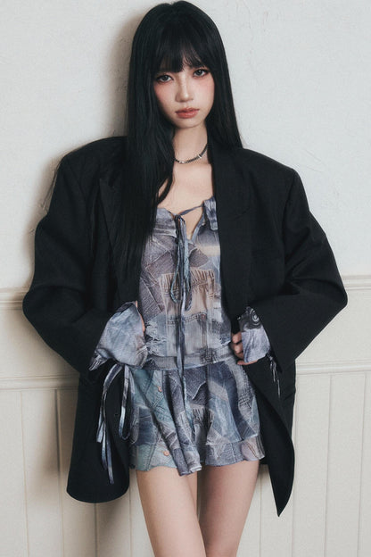 Rhythmic Ruffles Denim Drawstring Shirt Dress