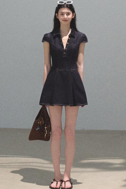 Summer Cicadas Denim V-Neck Waist Dress