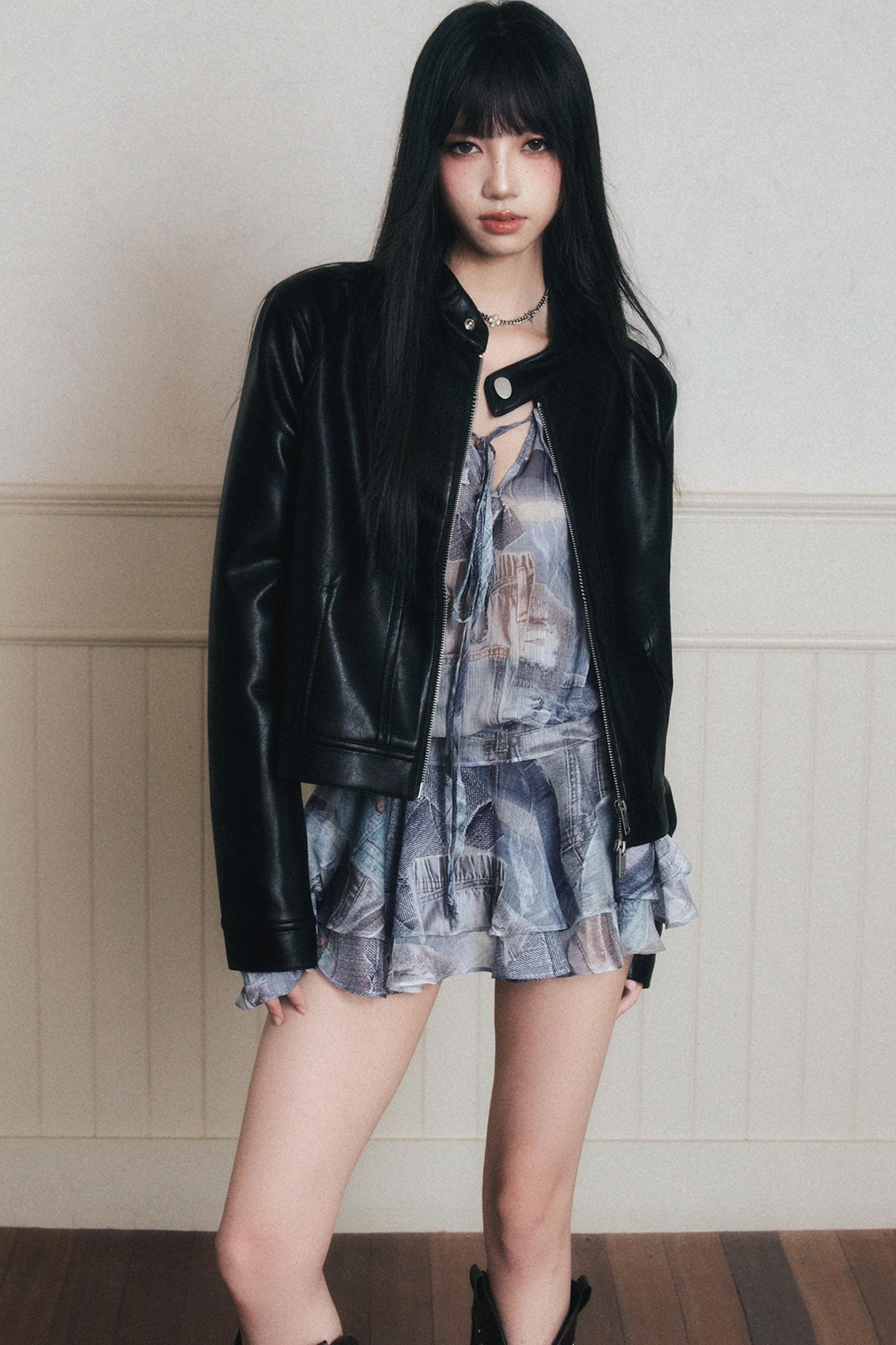 Rhythmic Ruffles Denim Drawstring Shirt Dress