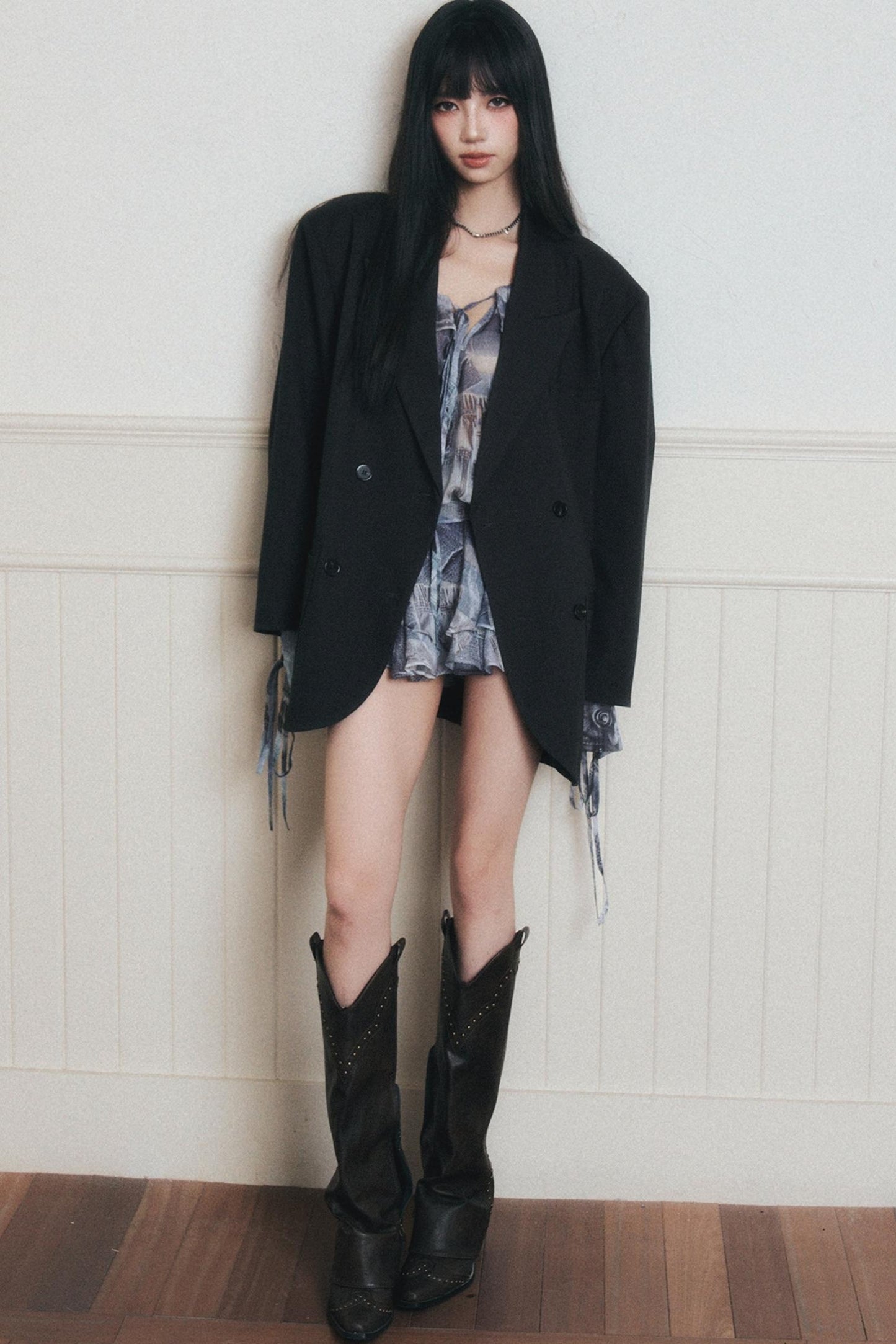 Rhythmic Ruffles Denim Drawstring Shirt Dress