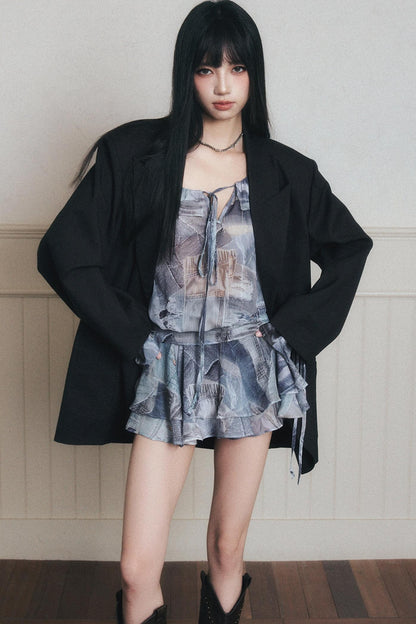 Rhythmic Ruffles Denim Drawstring Shirt Dress