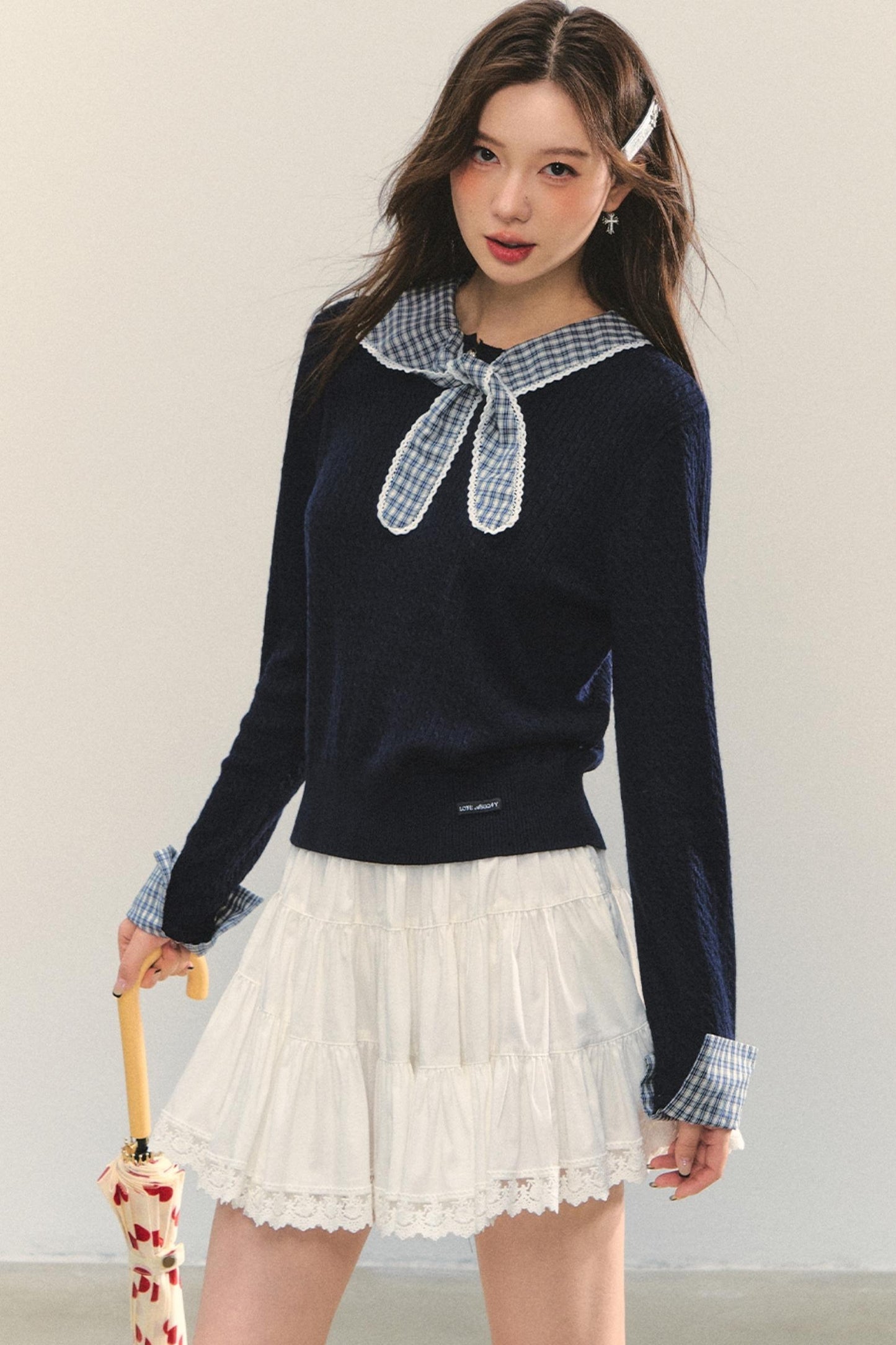 Contrast Plaid Panel Knit Sweater