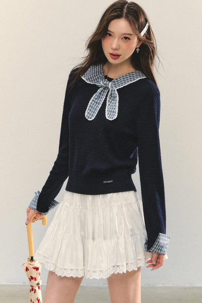 Contrast Plaid Panel Knit Sweater