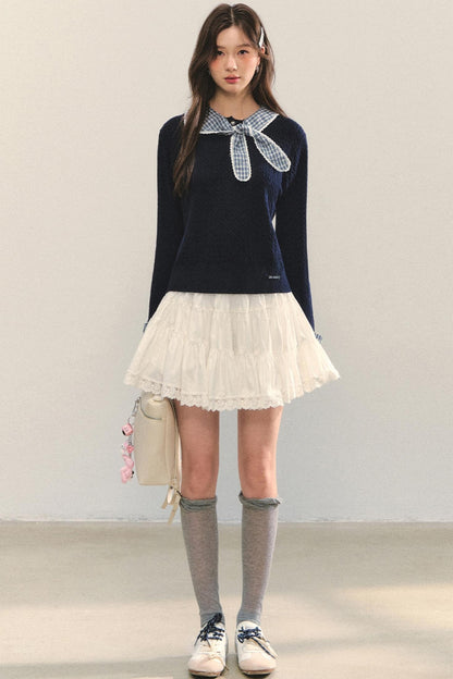 Contrast Plaid Panel Knit Sweater