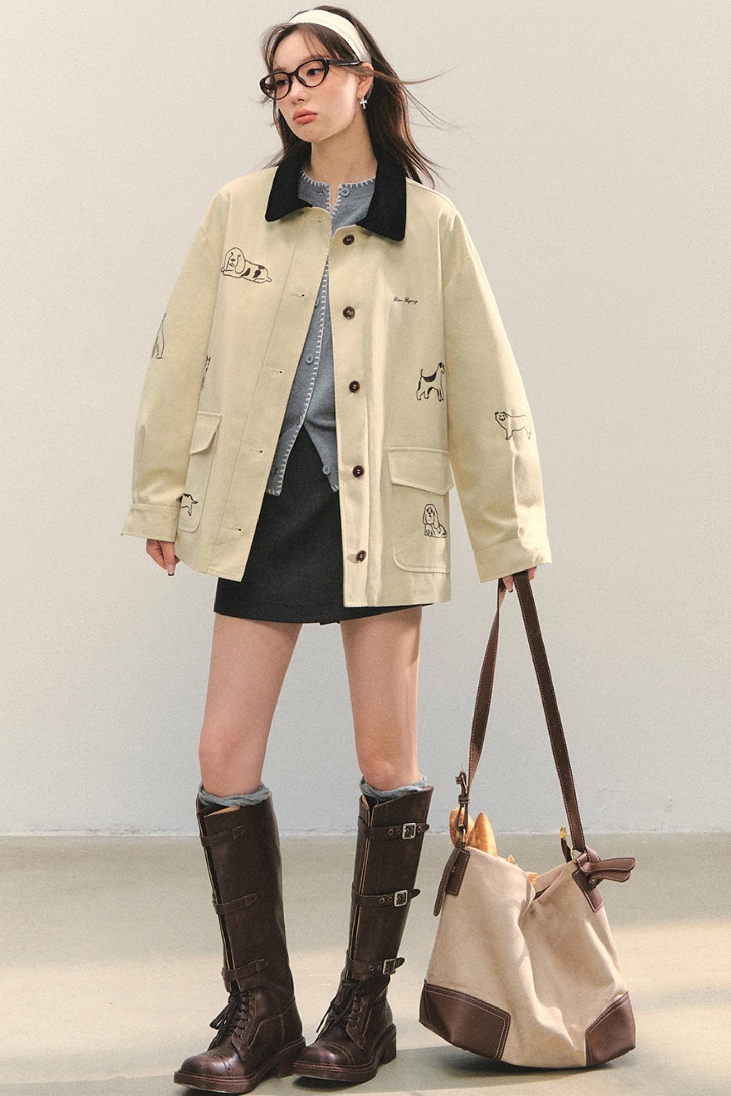 Vintage Puppy Embroidered Trench Coat