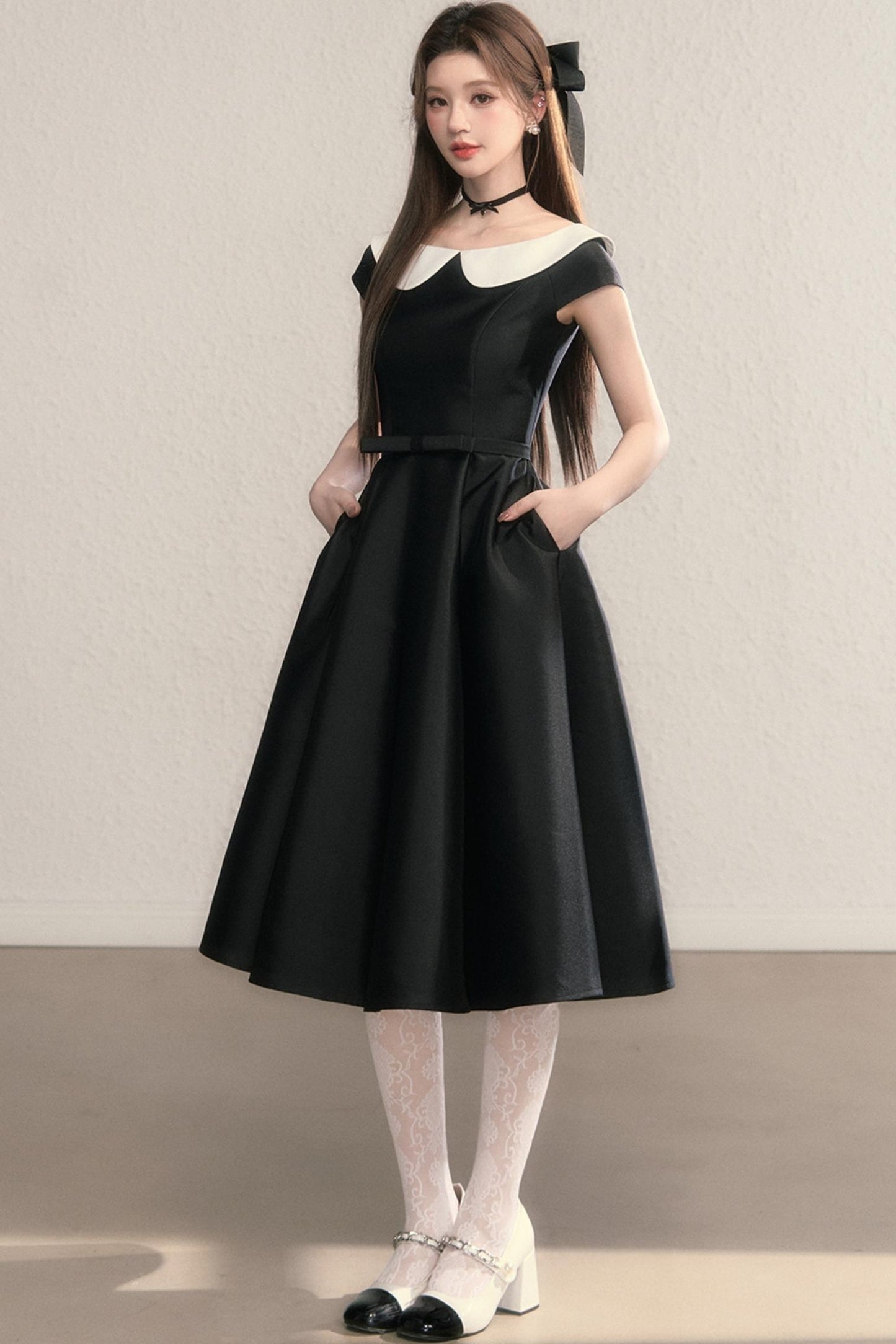 French Temperament Waist Cinched Doll Neck Dress