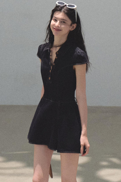 Summer Cicadas Denim V-Neck Waist Dress