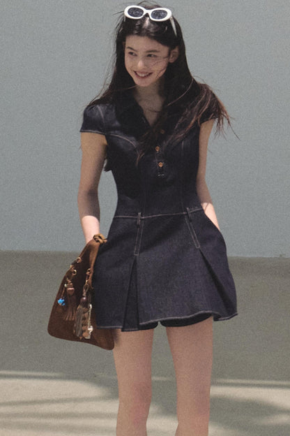 Summer Cicadas Denim V-Neck Waist Dress