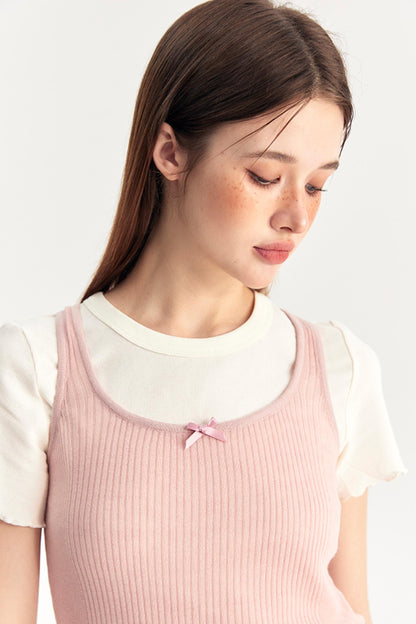 Bow Knit Vest With T-Shirt Set-Up