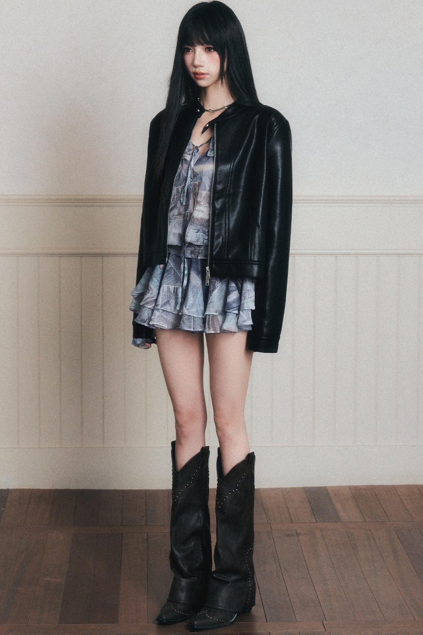 Rhythmic Ruffles Denim Drawstring Shirt Dress