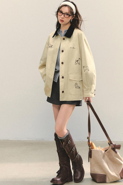 Vintage Puppy Embroidered Trench Coat