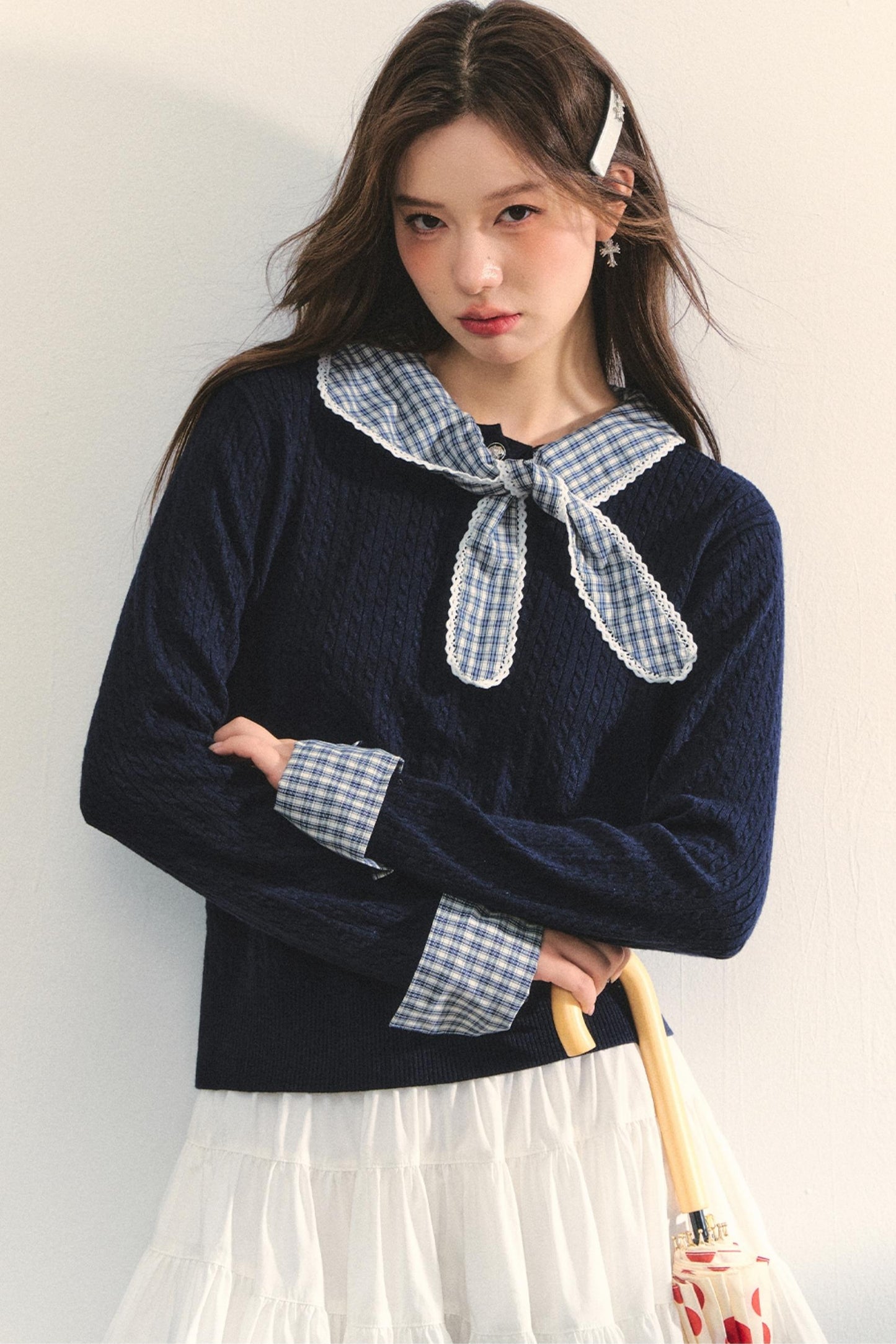 Contrast Plaid Panel Knit Sweater