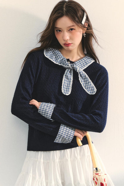 Contrast Plaid Panel Knit Sweater