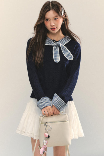 Contrast Plaid Panel Knit Sweater