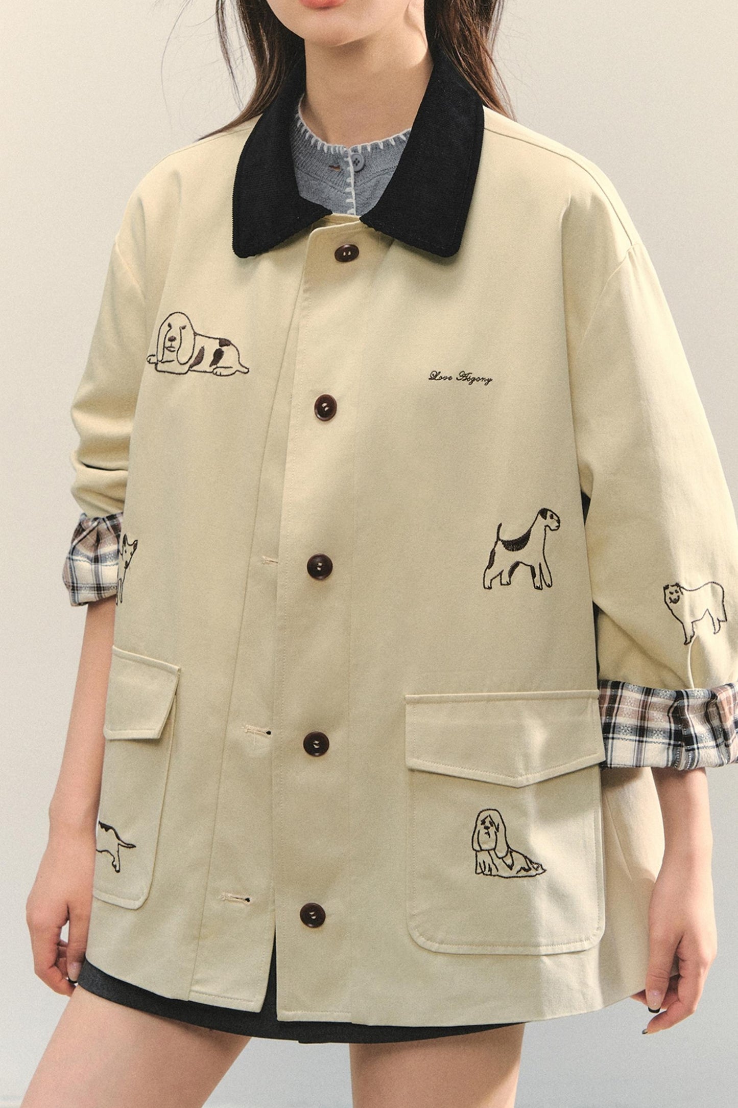 Vintage Puppy Embroidered Trench Coat