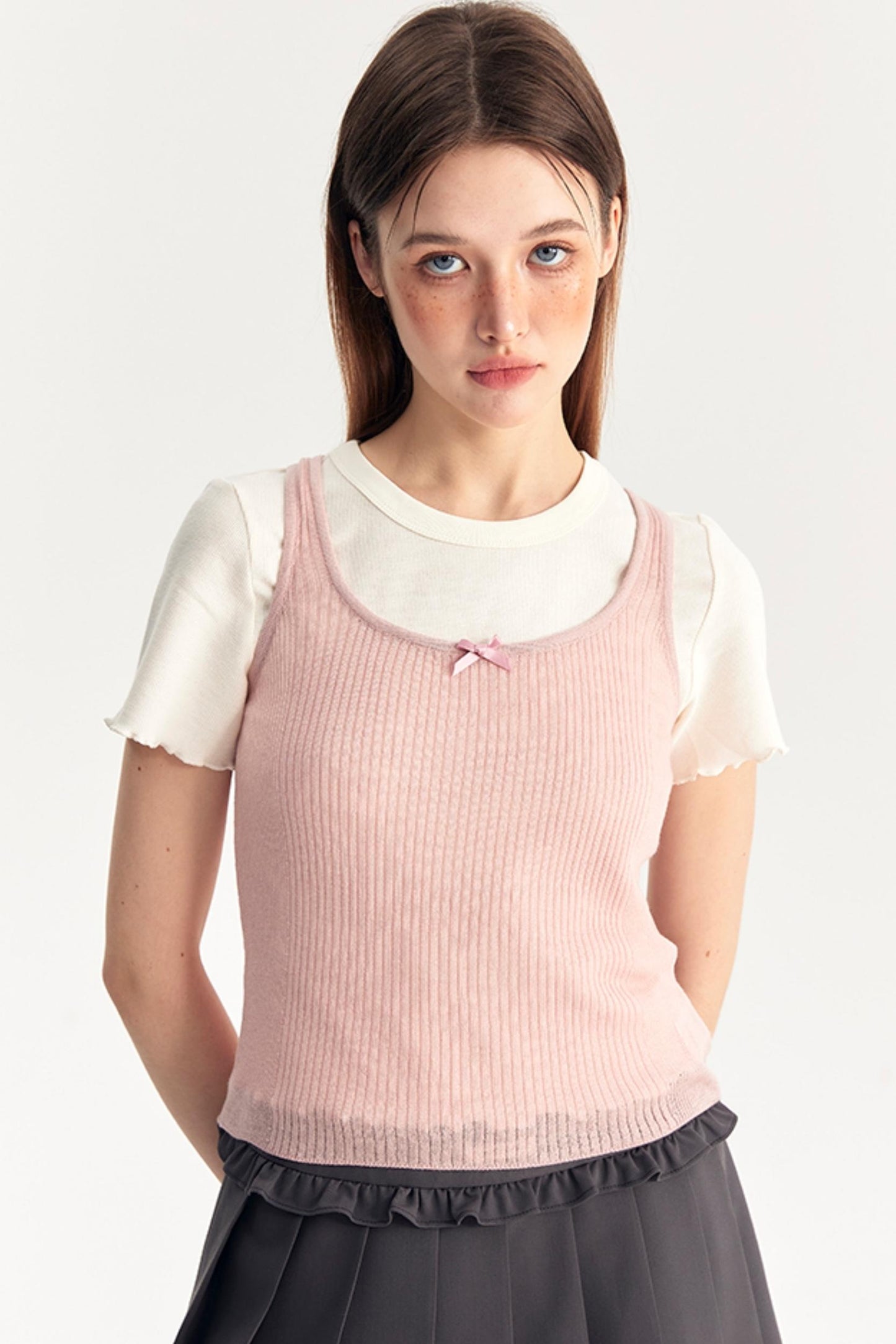 Bow Knit Vest With T-Shirt Set-Up