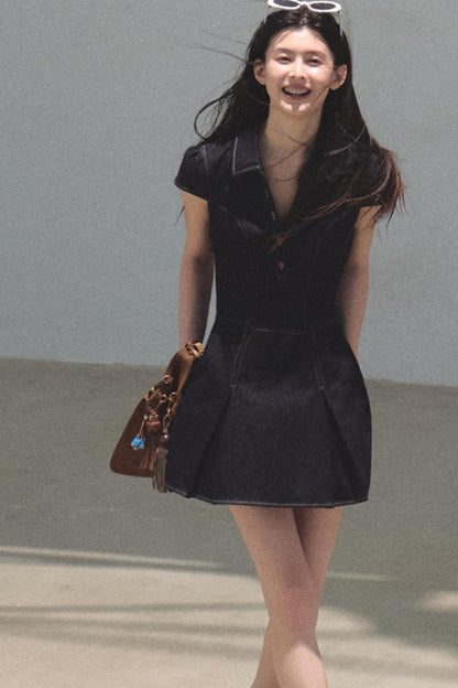 Summer Cicadas Denim V-Neck Waist Dress