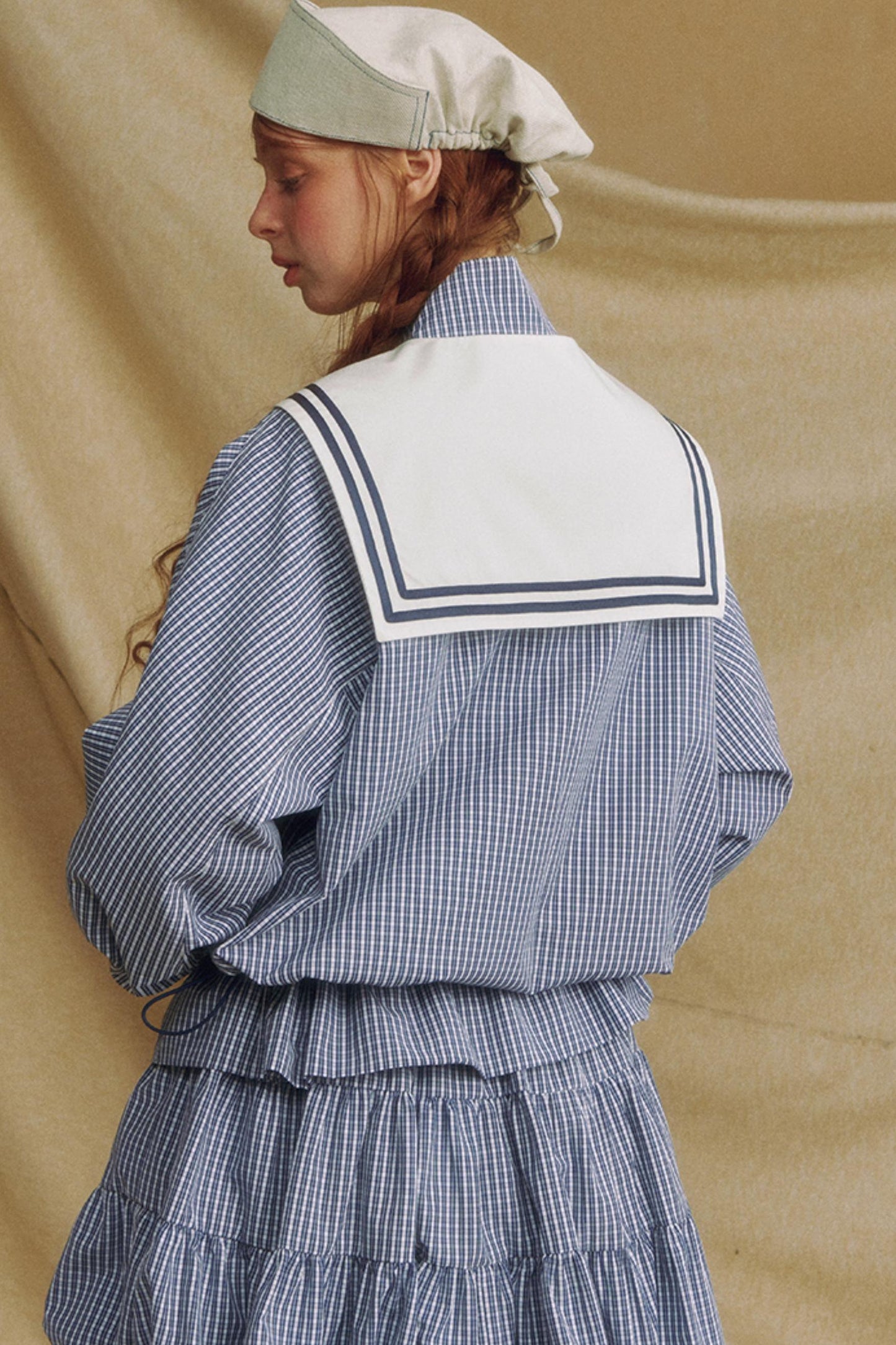 Navy Collar Plaid Jacket Set-Up