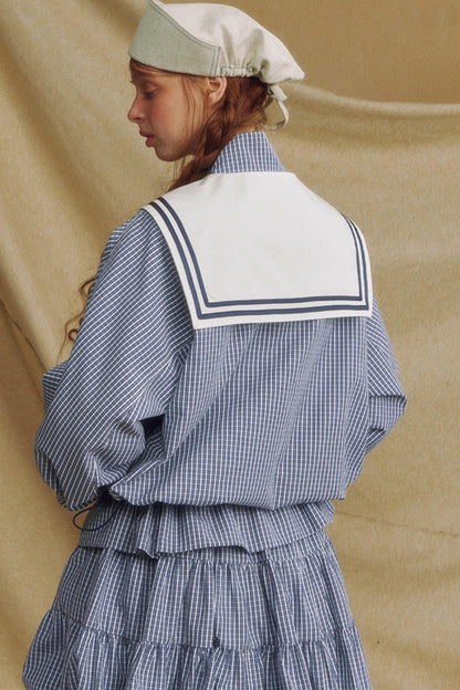 Navy Collar Plaid Jacket Set-Up