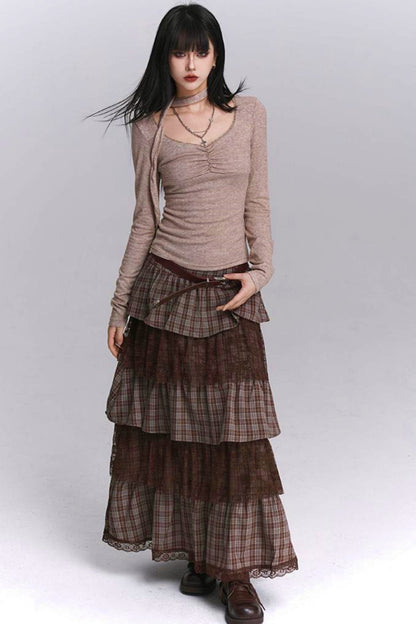 Plaid Tiered Long Skirt