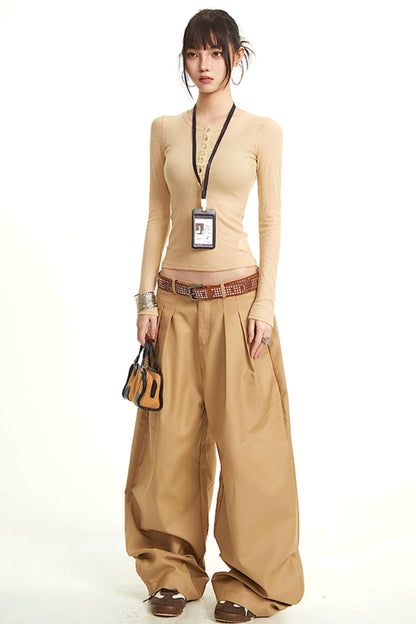 Khaki Wide-Leg Trousers