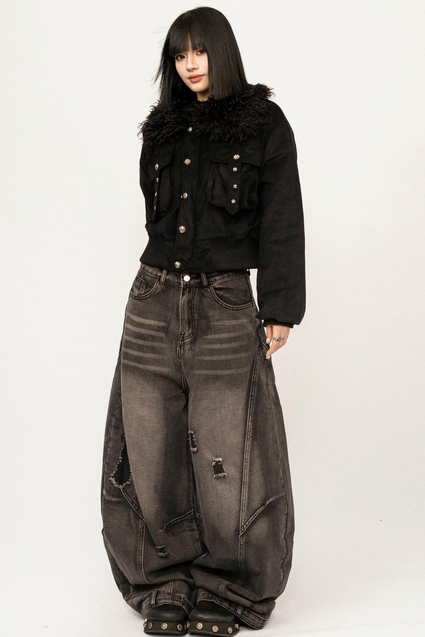 Black Fur Collar Hooded Jacket