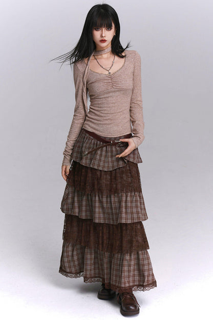 Brown Plaid Cake Skirt