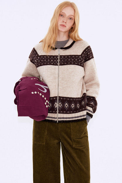 Retro Color-Blocked Wool Cardigan