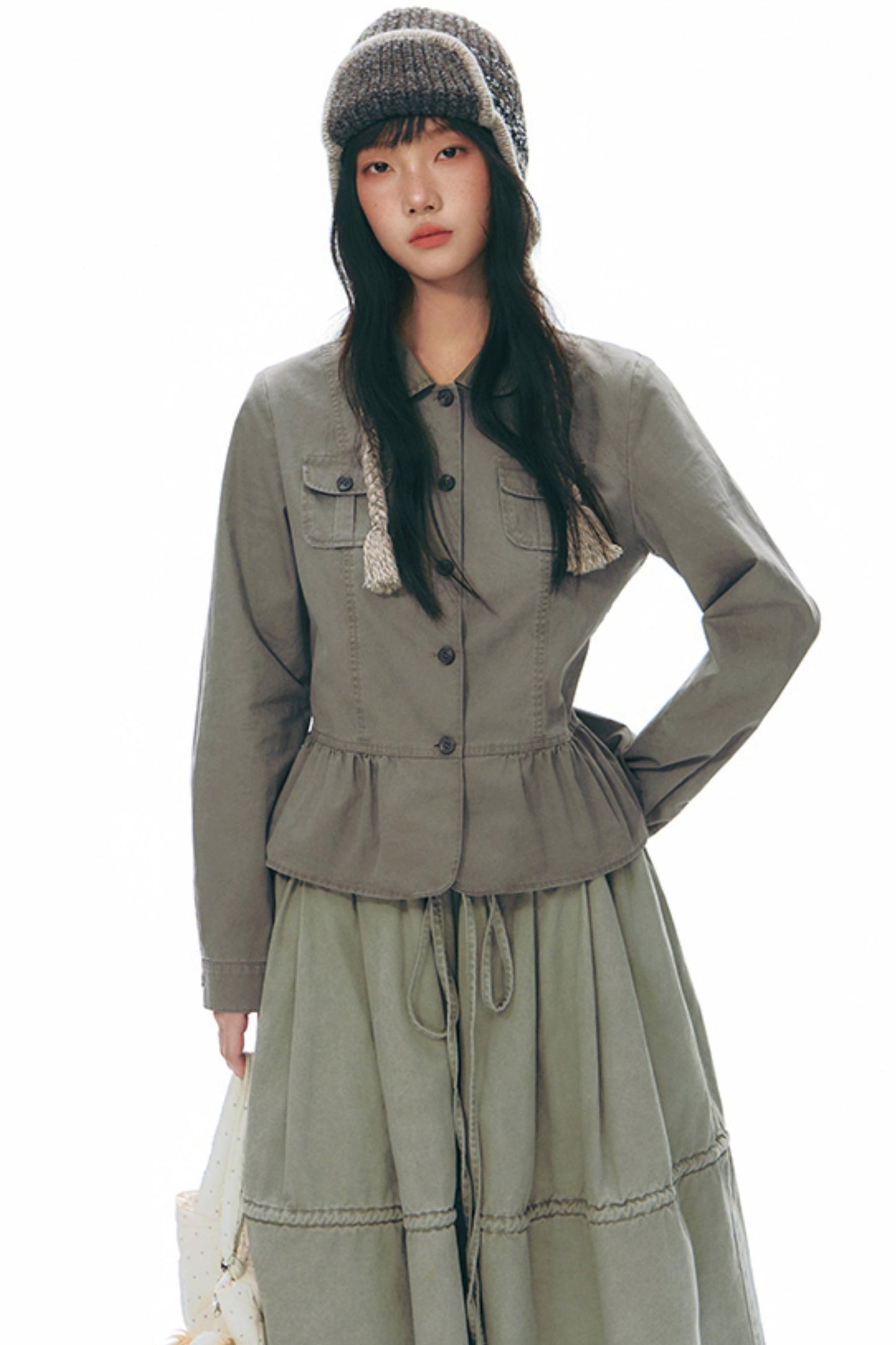 Distressed Doll Collar Cargo Coat