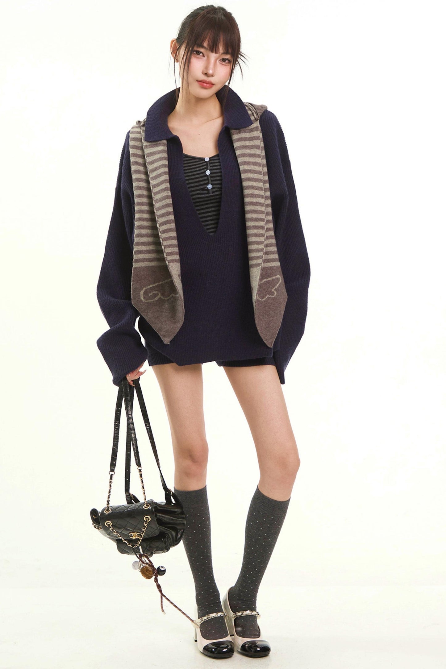 Navy Knitwear Two-Piece Pants Set-Up