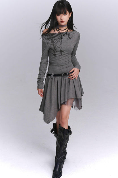 Gray Off-Shoulder Autumn Dress