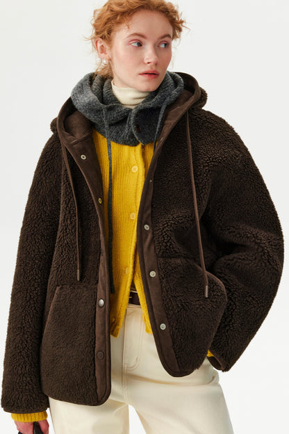 Brown Retro Lamb Wool Hooded Jacket