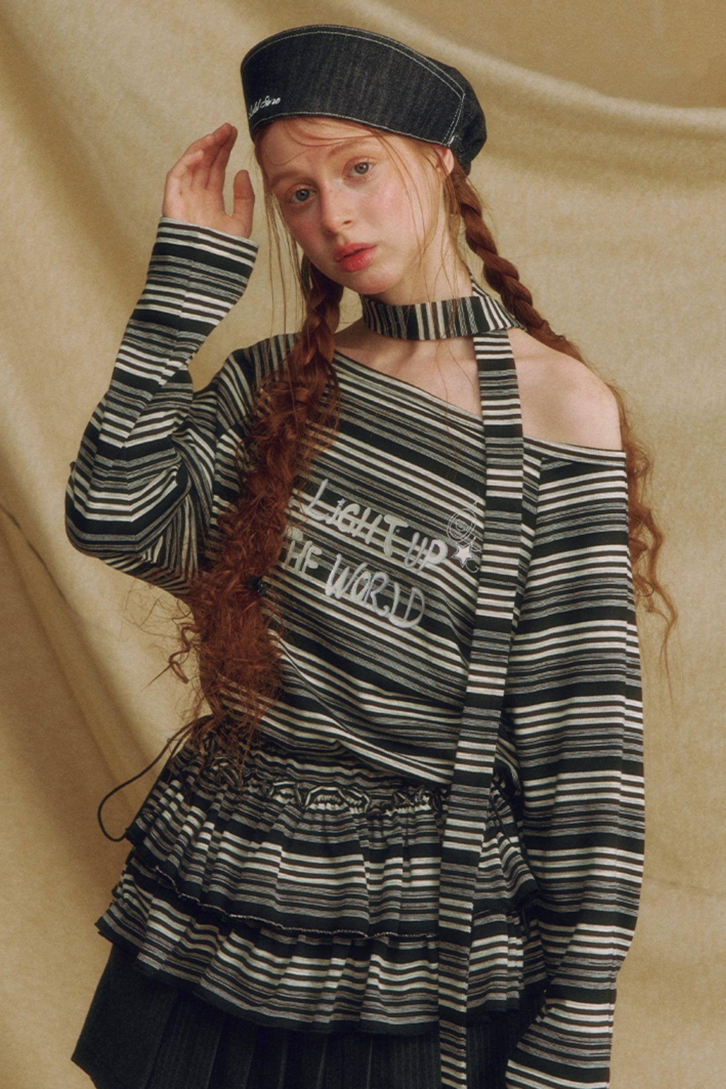 Chic One-Shoulder Striped Lace Top