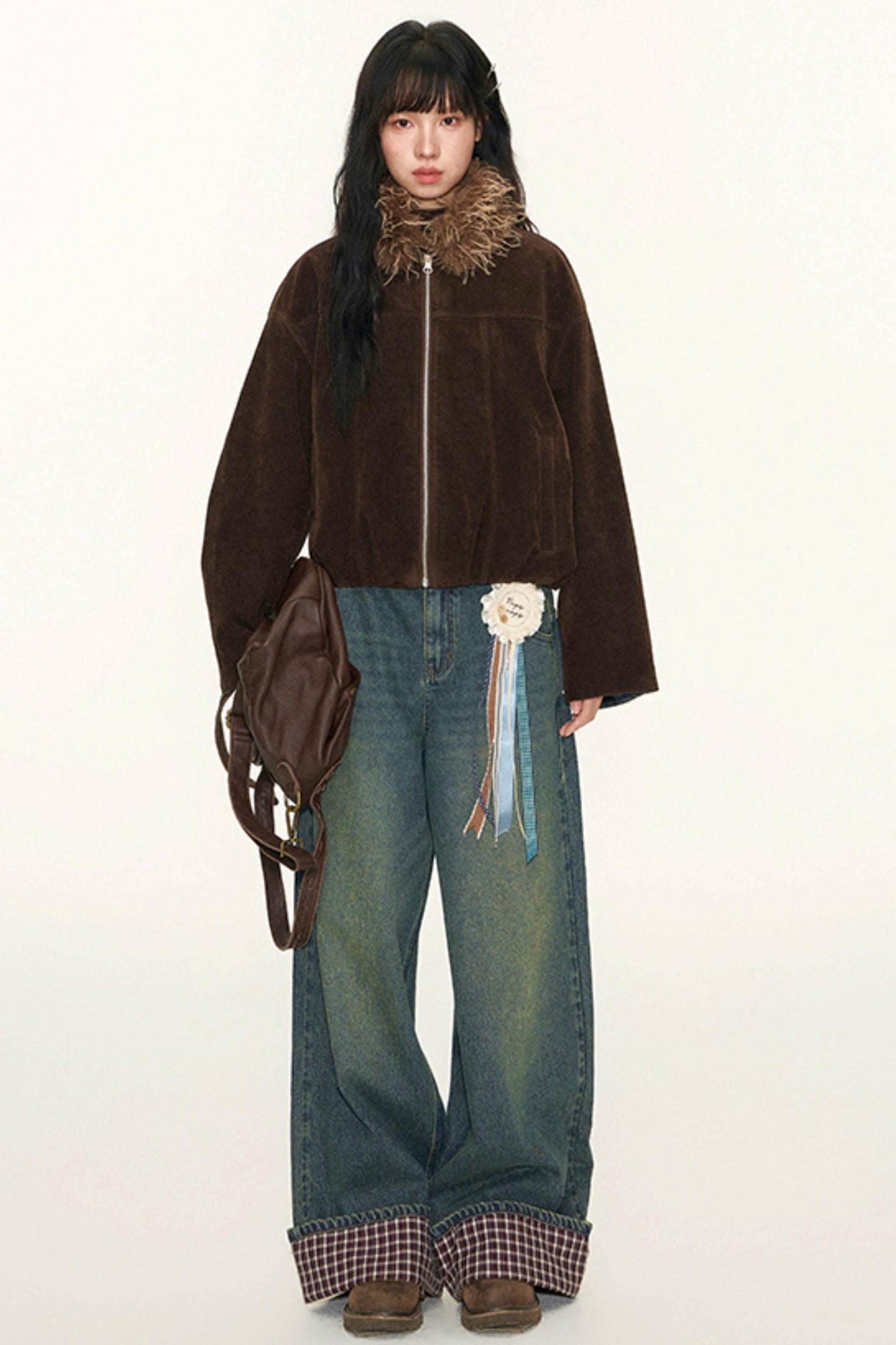 Vintage Suede Plaid Reversible Stand-Up Collar Jacket