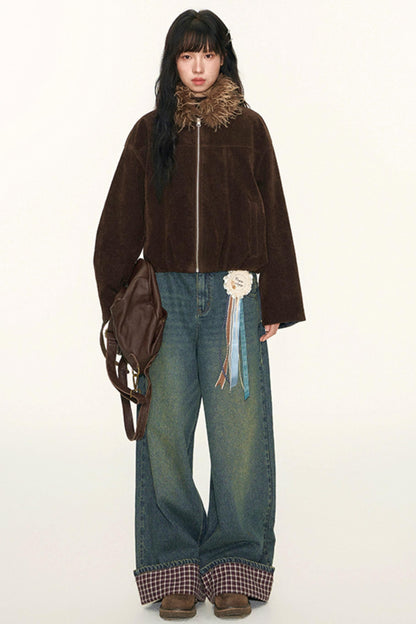 Vintage Suede Plaid Reversible Stand-Up Collar Jacket