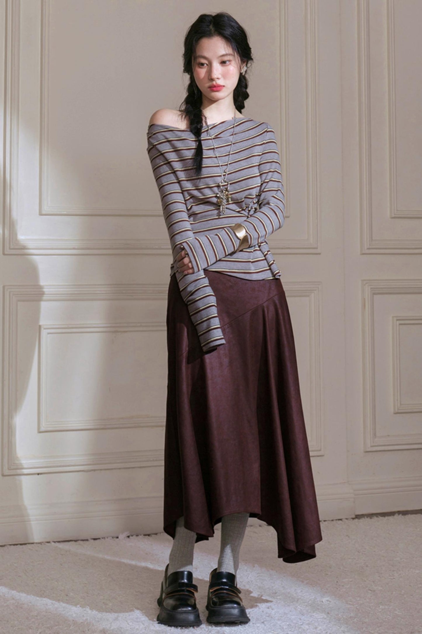 Soft Gray and Yellow Striped Knitted T-Shirt