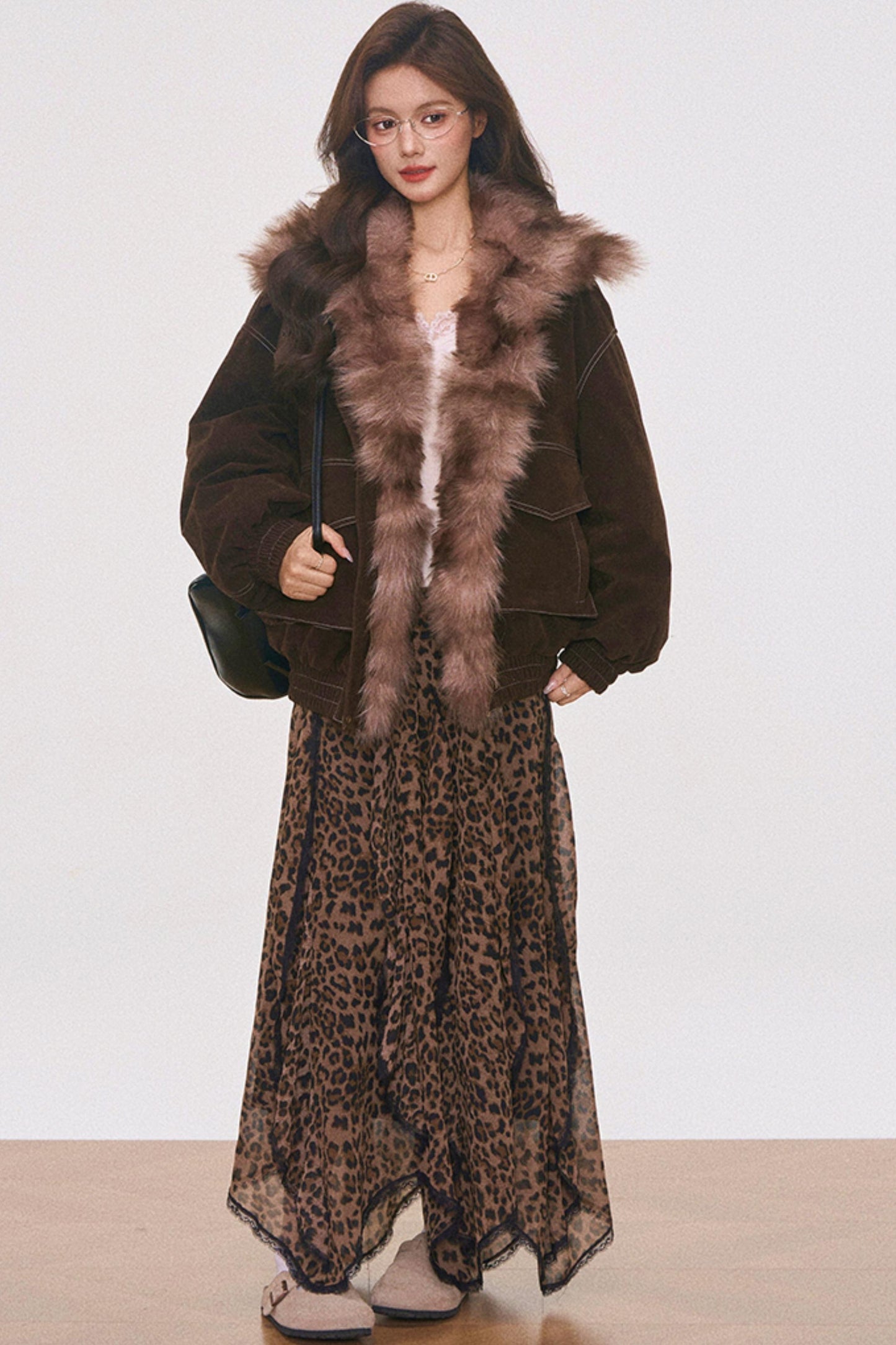 Brown Suede Fur Jacket and Leopard Skirt Set-Up