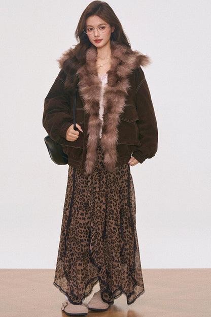 Brown Suede Fur Jacket and Leopard Skirt Set-Up