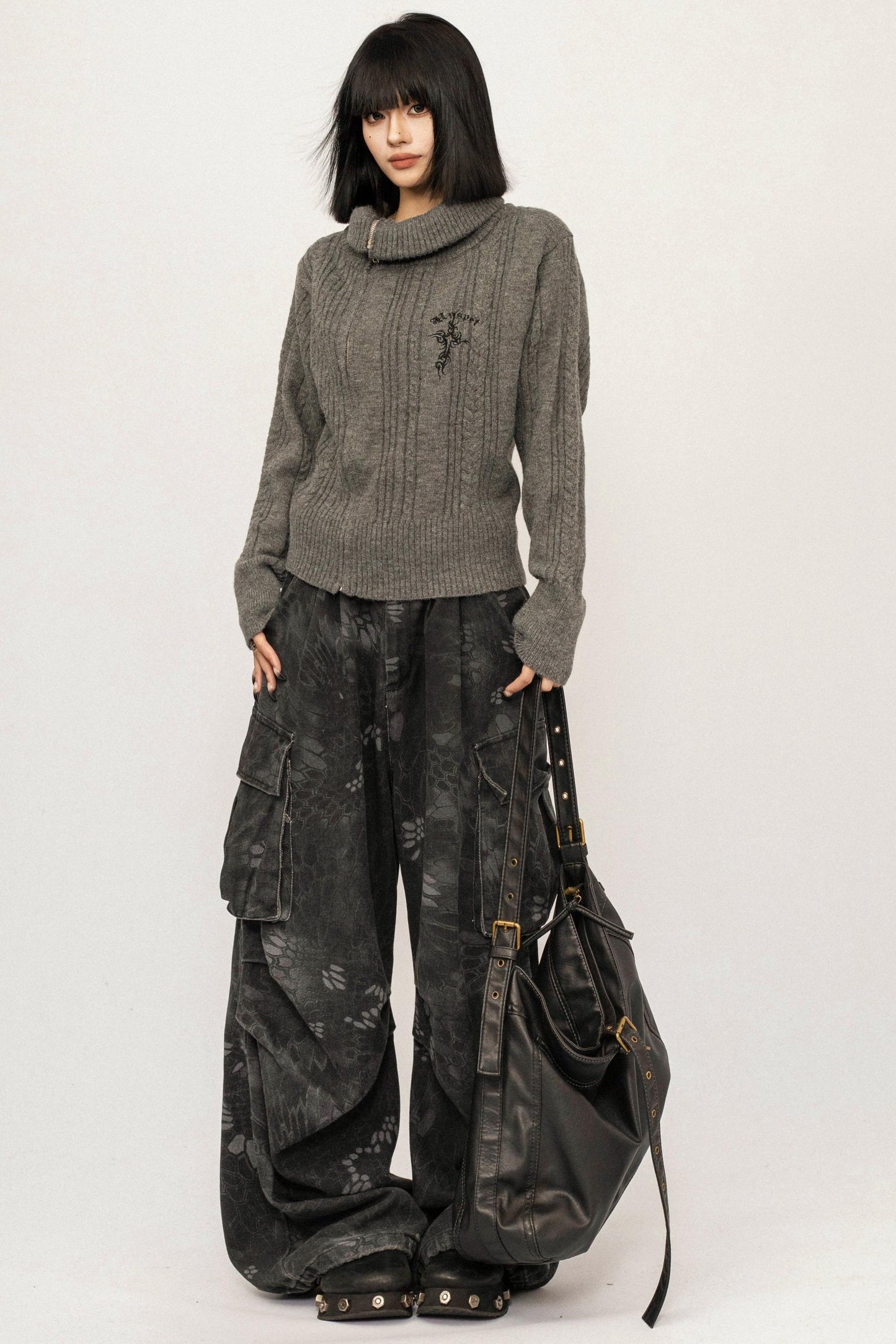 High-Neck Zipper Knit Sweater