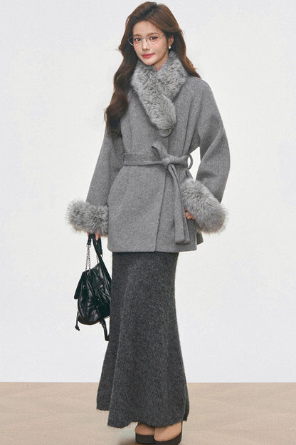Fur Collar Lace-Up Coat Set-Up