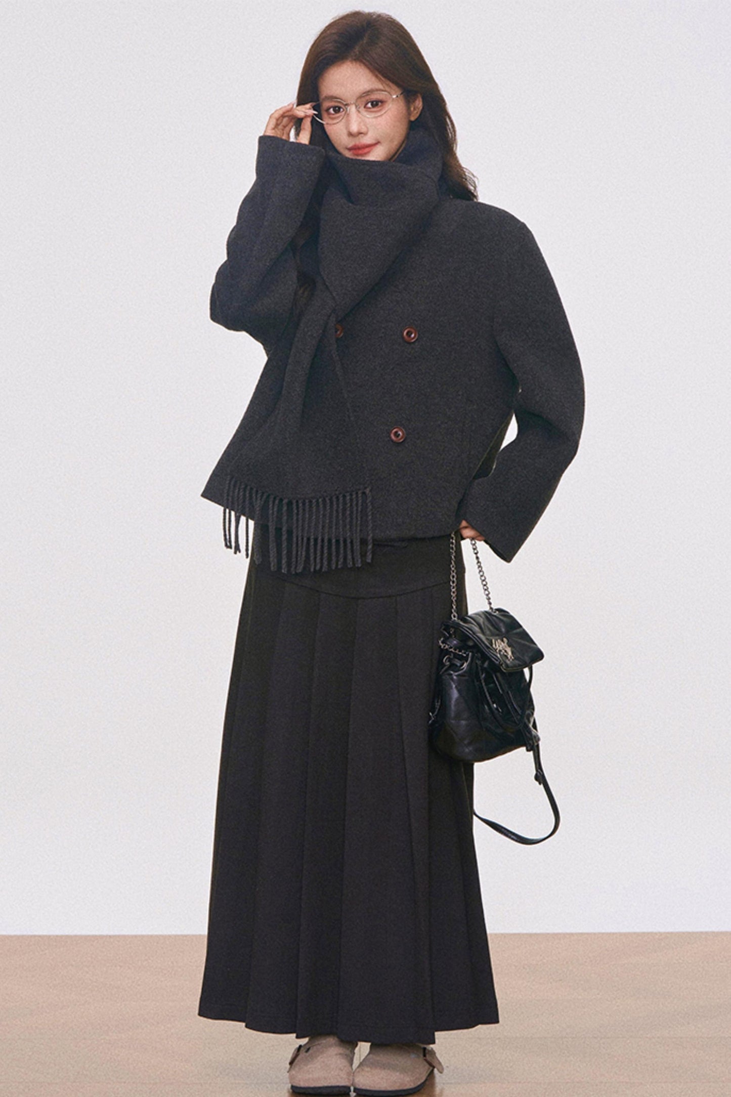 Woolen Coat with Scarf And Skirt Set-Up