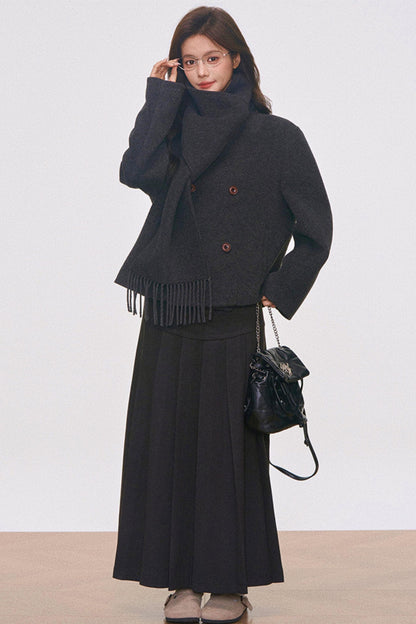 Woolen Coat with Scarf And Skirt Set-Up
