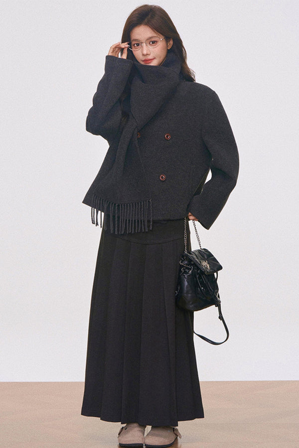 Woolen Coat with Scarf And Skirt Set-Up