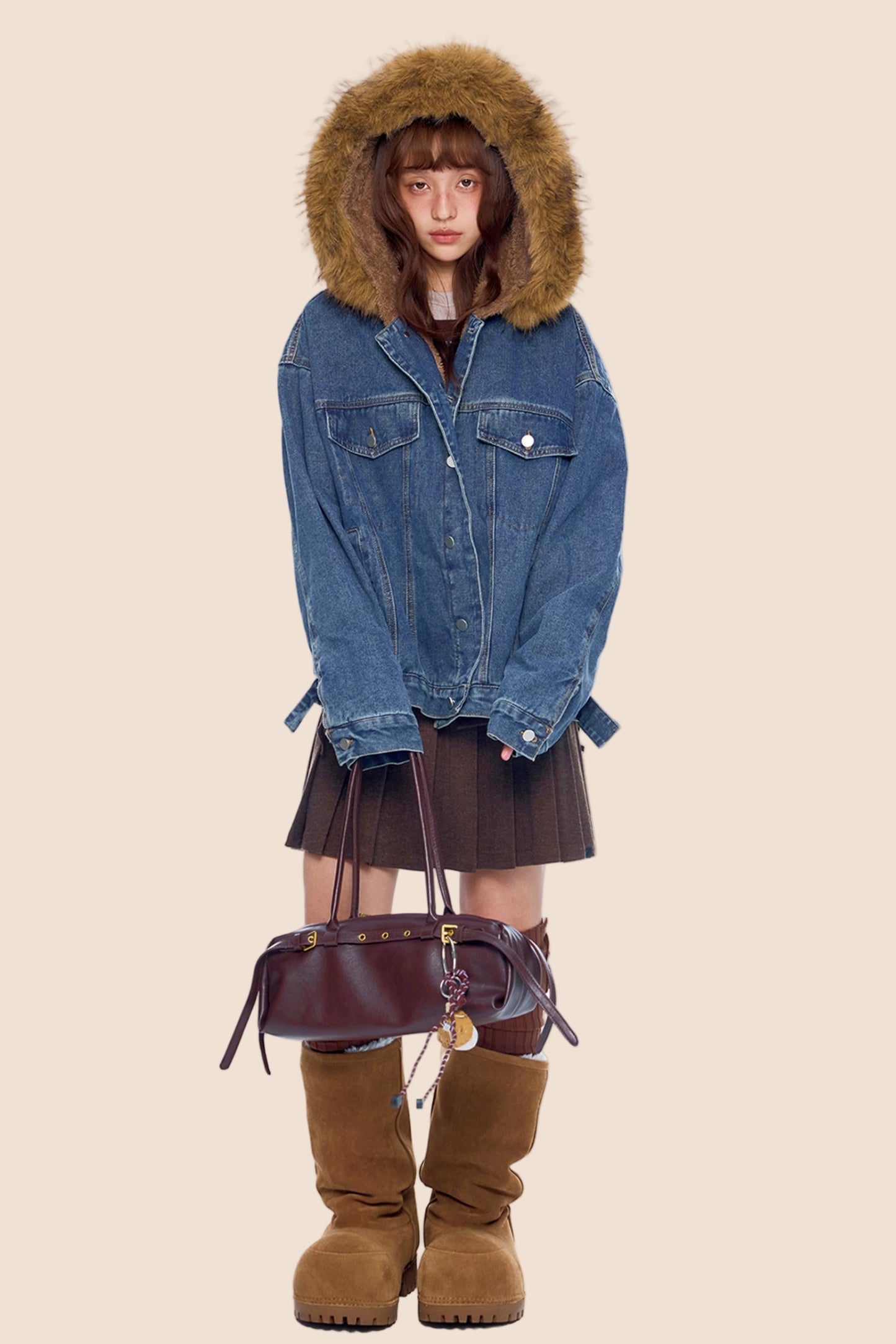 Fur Collar Hooded Denim Jacket