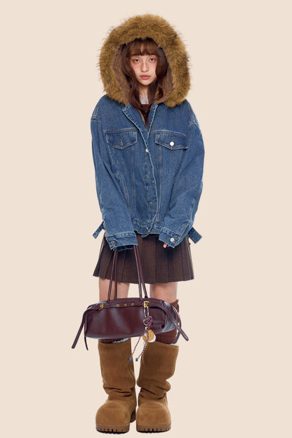 Fur Collar Hooded Denim Jacket
