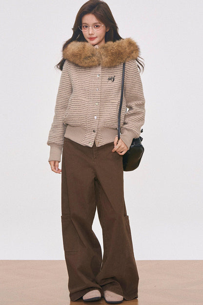 Wool Collar Hooded Jacket Set-Up